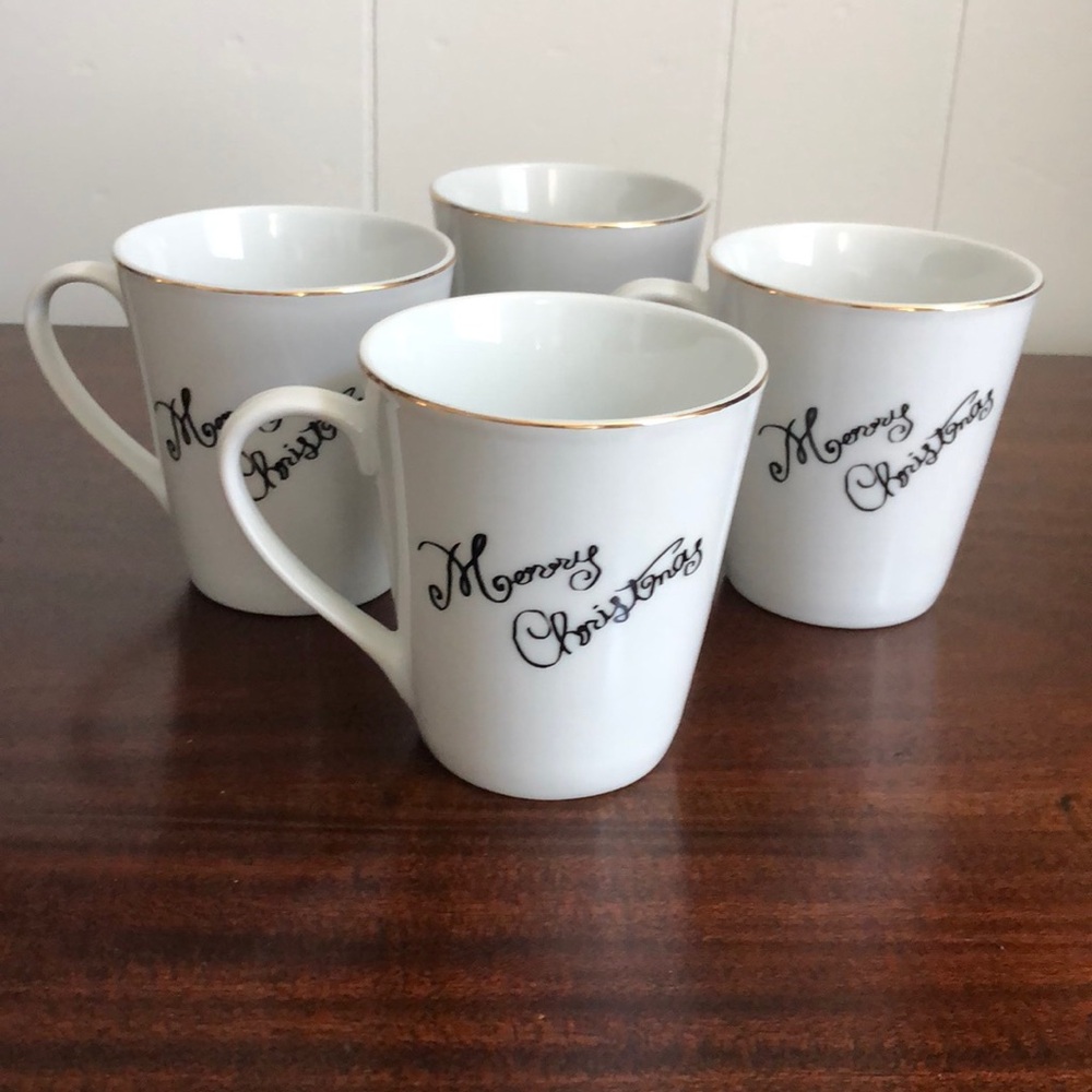 Merry Brite White with Gold trim Christmas Mugs Set of 4